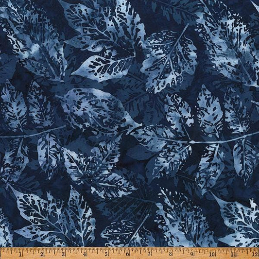 Clear Skies - Navy Blue Tonal Leaves Batik Fabric, Hoffman X2650-440-Liquorice, Shades of Blue Autumn Fall Leaves Batik Fabric, By the Yard