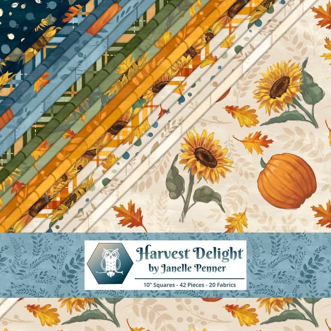 Harvest Delight 10" Squares, White Owl Fabrics HARVESTDELIGHT-10, 10" Precut Autumn Fall Pumpkins Leaves Quilt Fabric Squares