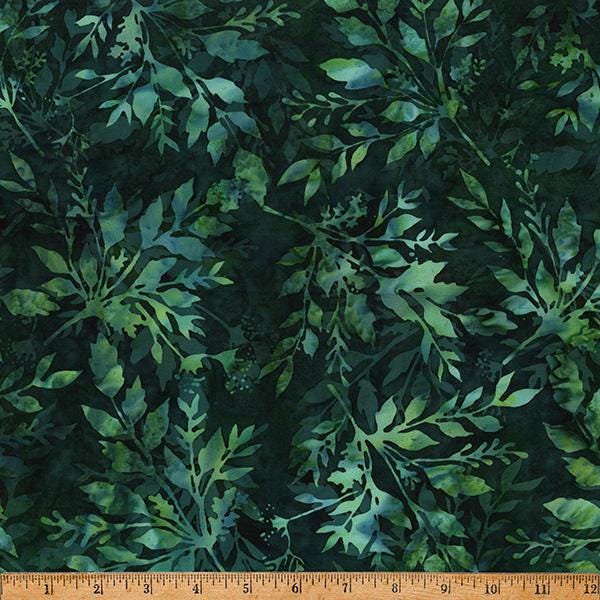 Big Foot - Dark Green Tonal Leaves Batik Fabric, Hoffman X2646-60-Hunter, Shades of Green Autumn Fall Leaves Batik Fabric, By the Yard