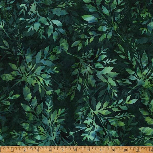 Big Foot - Dark Green Tonal Leaves Batik Fabric, Hoffman X2646-60-Hunter, Shades of Green Autumn Fall Leaves Batik Fabric, By the Yard