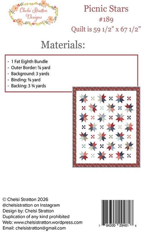 Picnic Stars Quilt Pattern, Chelsi Stratton Designs CSD189, 33 F8 Fat Eighths Friendly Quilt Pattern, Star 9 Patch Throw Bed Quilt Pattern