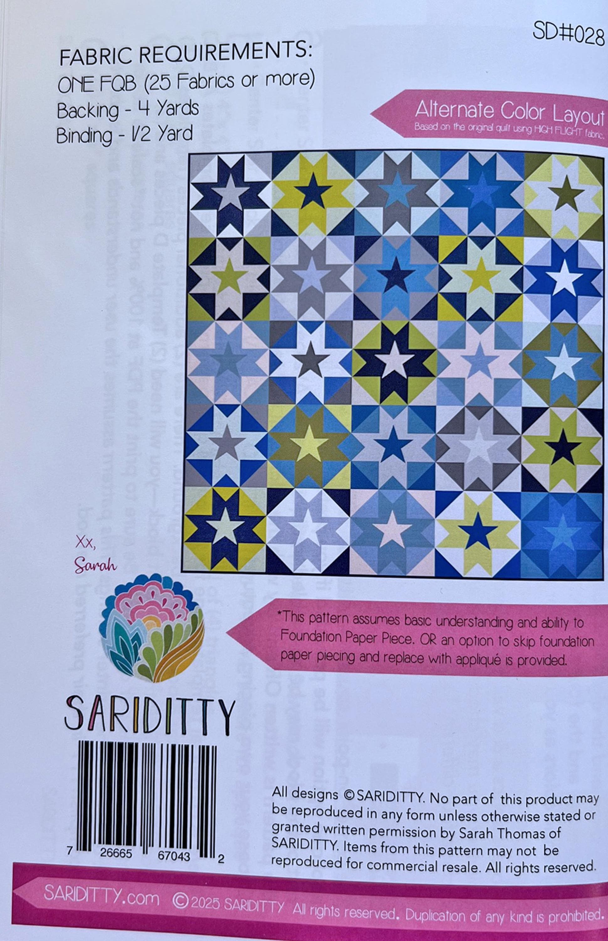 Aerostar Quilt Pattern, Sariditty SD028, Fat Quarter FQ Friendly Stars in Stars Square Throw Quilt Pattern, FPP Applique Quilt, Sarah Thomas