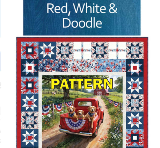 Red White and Doodle Panel Frame Quilt PATTERN, Quilt Boss QBOSS-3807, 24" Panel Friendly Stars Frame Lap Throw Quilt Pattern