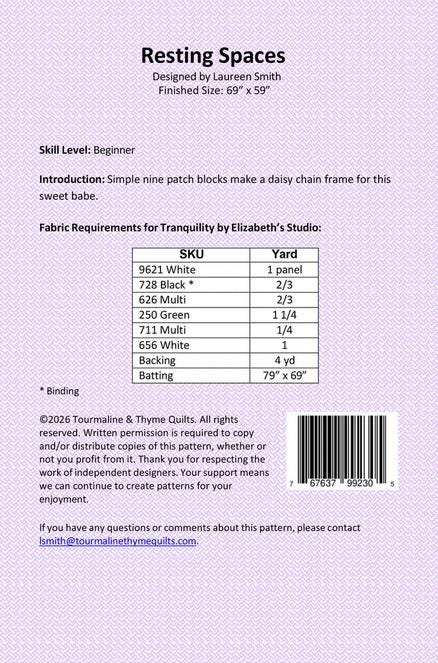 Resting Spaces Panel Frame Quilt PATTERN, Tourmaline and Thyme TTQ-632, Horizontal Vertical Panel Friendly Easy Lap Throw Quilt Pattern