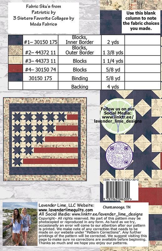 Two Hundred Fifty Quilt Pattern, Designs by Lavender Lime DLL262, Yardage Friendly Patriotic Stars Stripes Square Throw Quilt Pattern