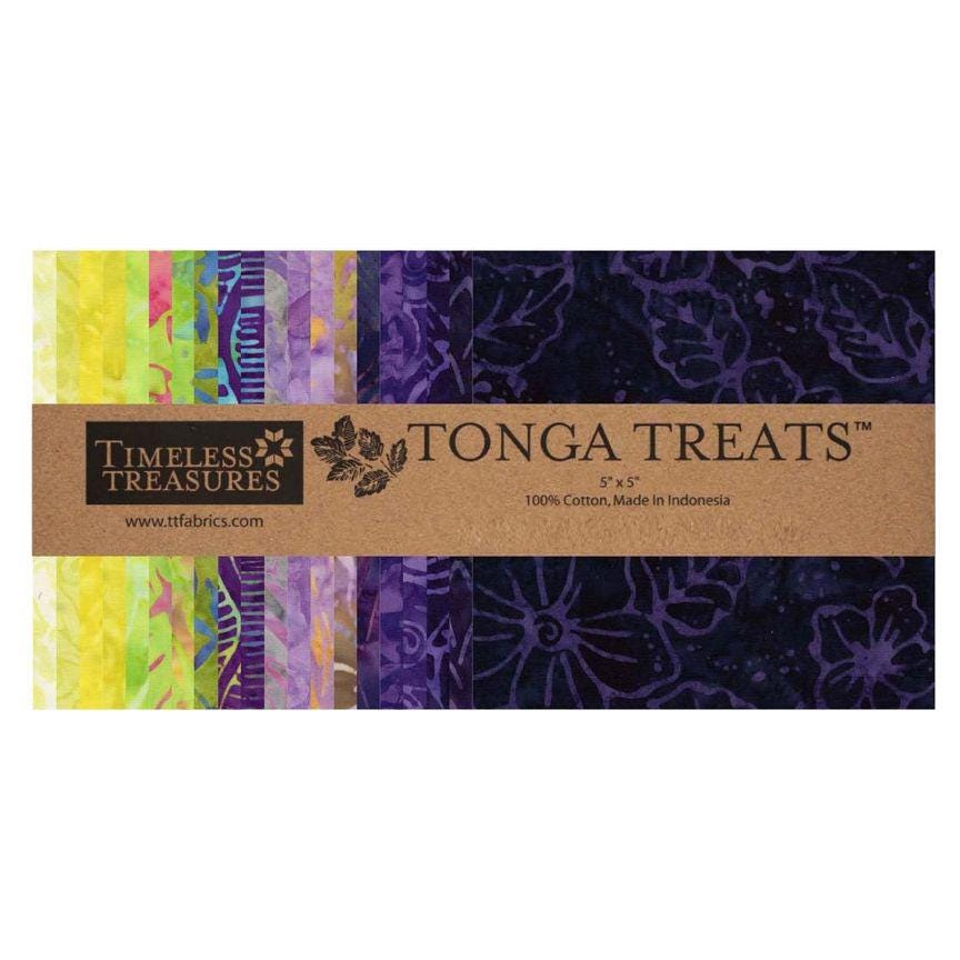 Tonga Lilypad Batik 5" Squares, Timeless Treasures Treat-Mini42 Lilypad, 5" Precut Purple Yellow Green Batik Charm Pack Squares