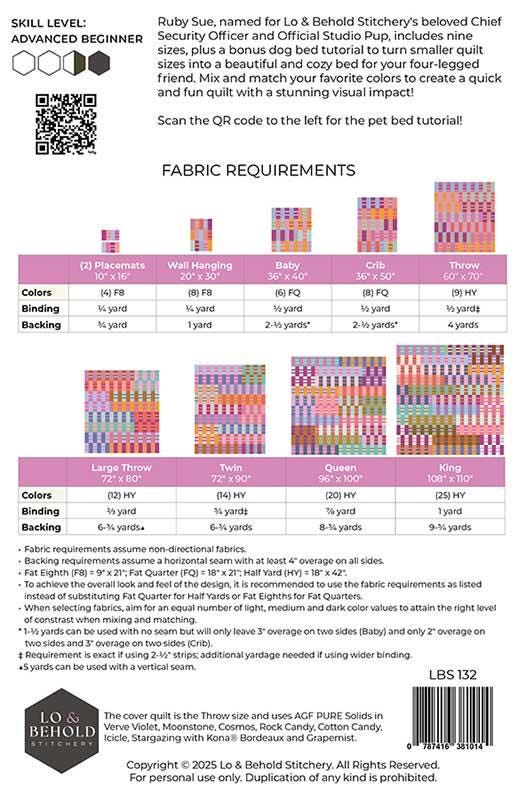 Ruby Sue Quilt Pattern, Lo & Behold Stitchery LBS132, Fat Quarter Eighths Friendly Table Wall Throw Bed Quilt Pattern