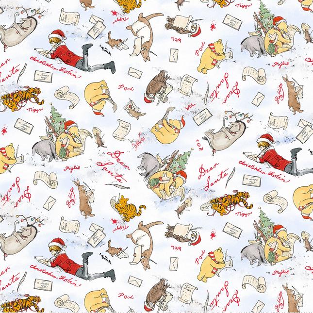 Christmas at Pooh Corner - Snow Dear Santa Winnie the Pooh Fabric, Studio E 9100S-07, Pooh Tigger Eeyore Rabbit Xmas Fabric, By the Yard