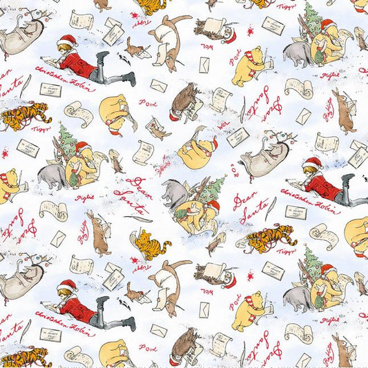 Christmas at Pooh Corner - Snow Dear Santa Winnie the Pooh Fabric, Studio E 9100S-07, Pooh Tigger Eeyore Rabbit Xmas Fabric, By the Yard