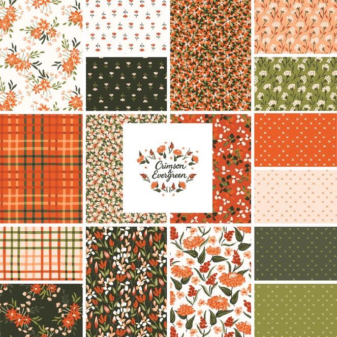 Crimson and Evergreen 5" Fabric Squares, Cloud9 Fabrics 600477, 5" Precut Red Orange Green White Black Floral Quilt Fabric Squares