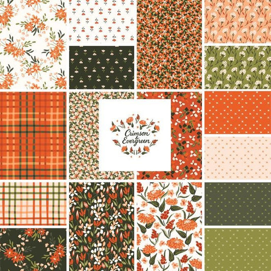 Crimson and Evergreen 5" Fabric Squares, Cloud9 Fabrics 600477, 5" Precut Red Orange Green White Black Floral Quilt Fabric Squares