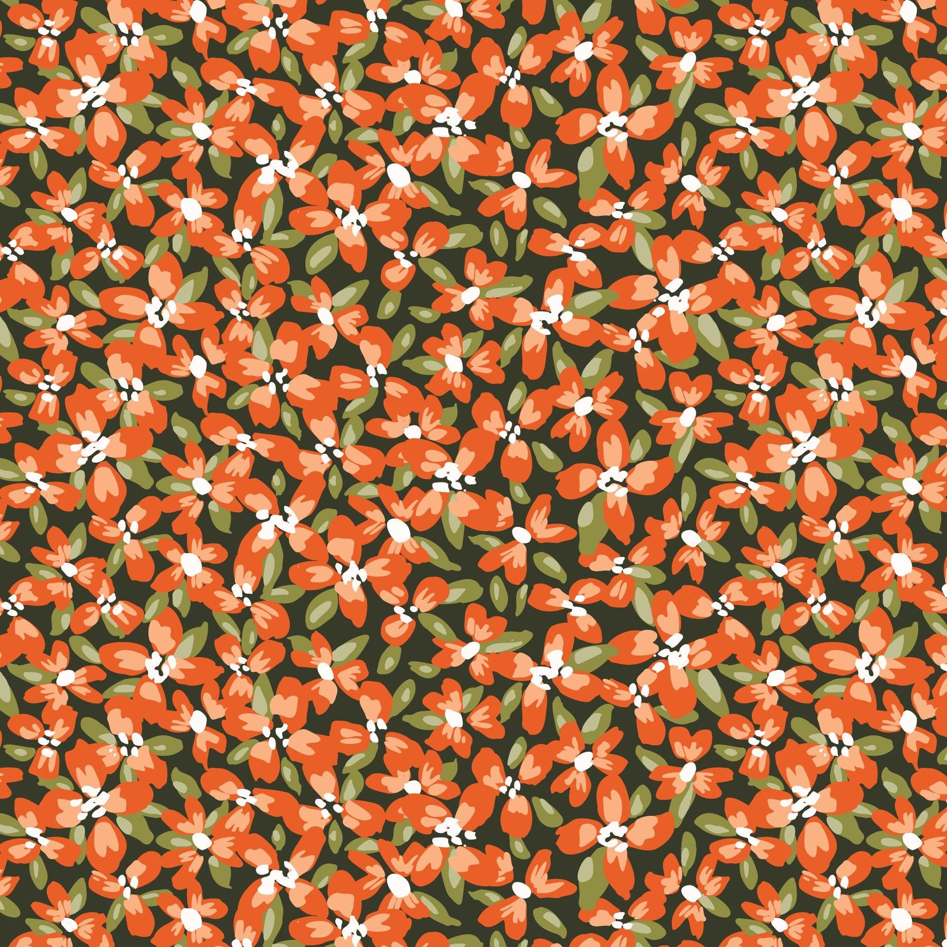 Crimson and Evergreen 5" Fabric Squares, Cloud9 Fabrics 600477, 5" Precut Red Orange Green White Black Floral Quilt Fabric Squares