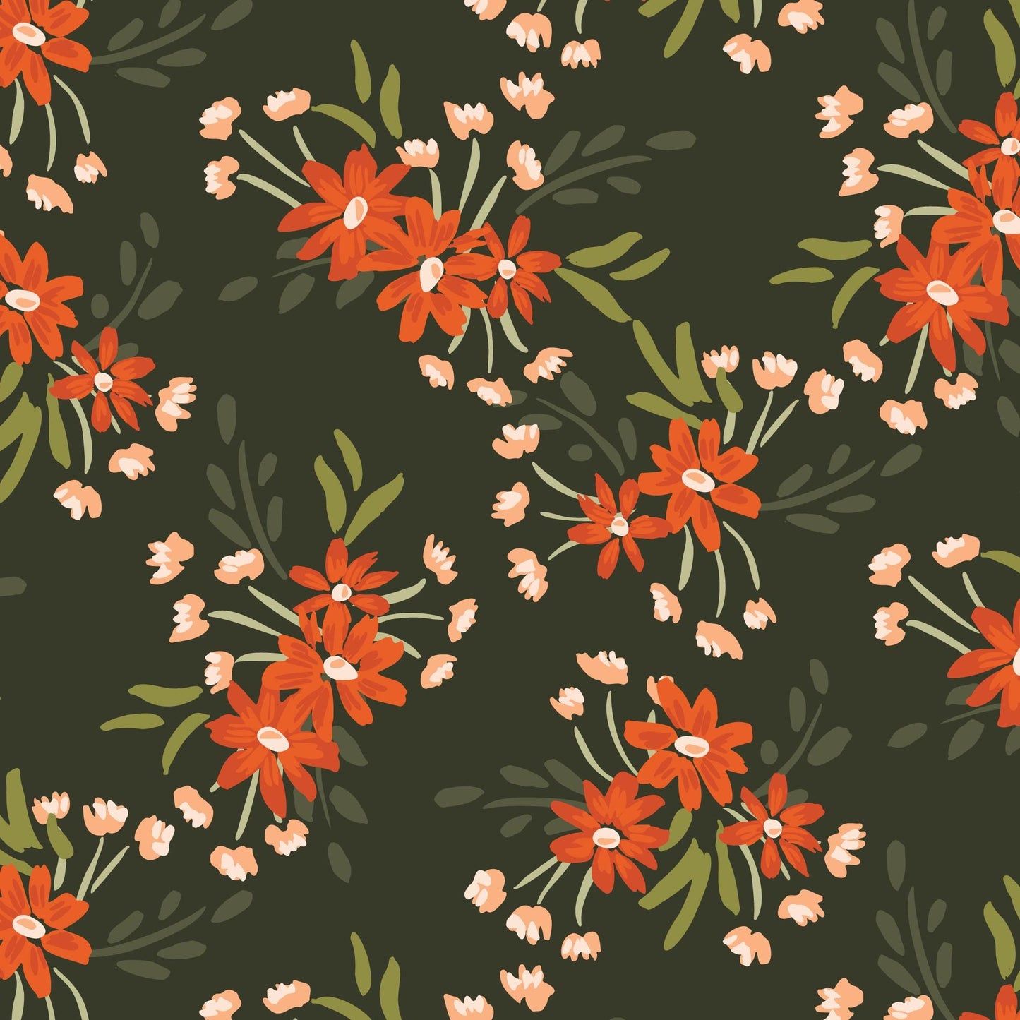 Crimson and Evergreen 5" Fabric Squares, Cloud9 Fabrics 600477, 5" Precut Red Orange Green White Black Floral Quilt Fabric Squares