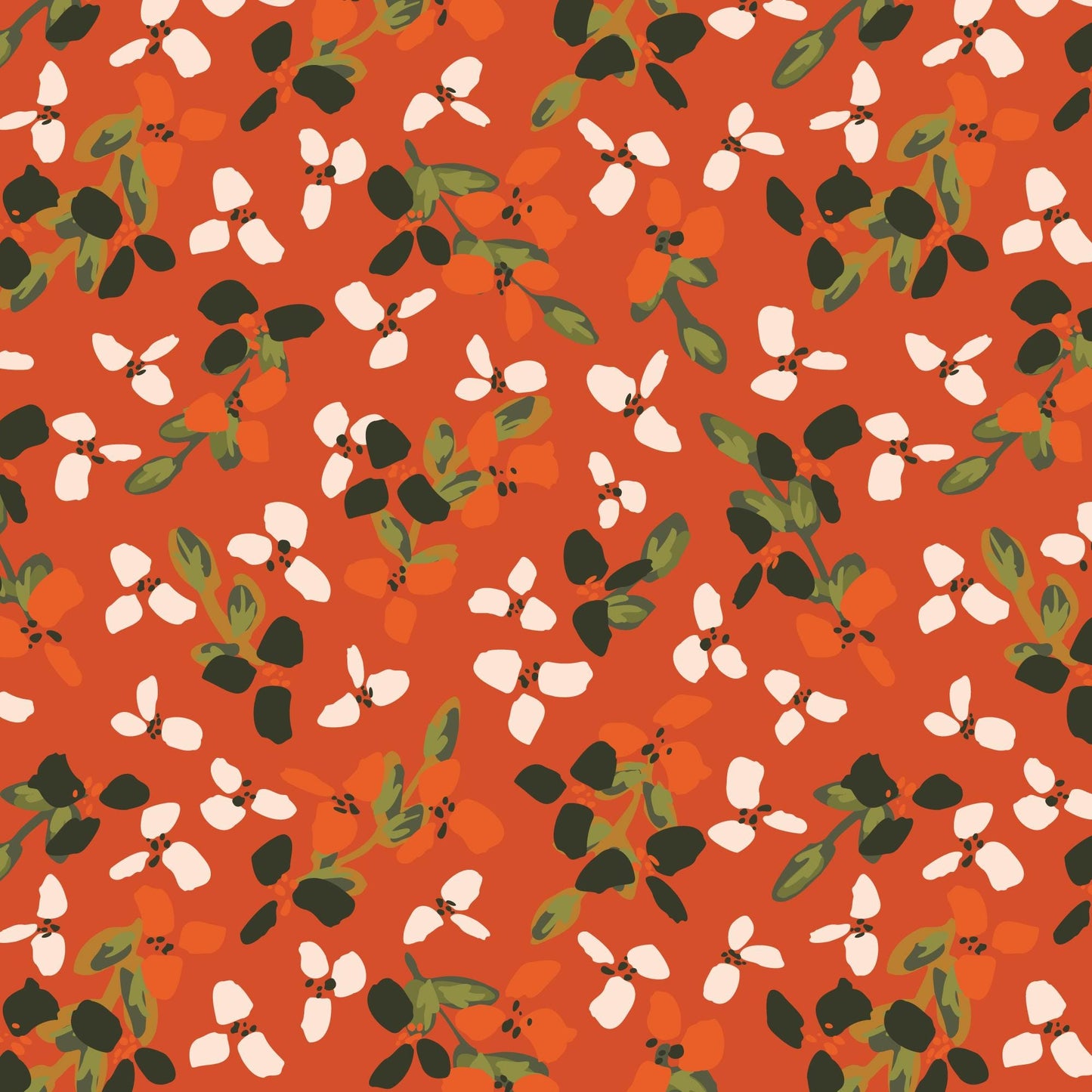 Crimson and Evergreen 5" Fabric Squares, Cloud9 Fabrics 600477, 5" Precut Red Orange Green White Black Floral Quilt Fabric Squares