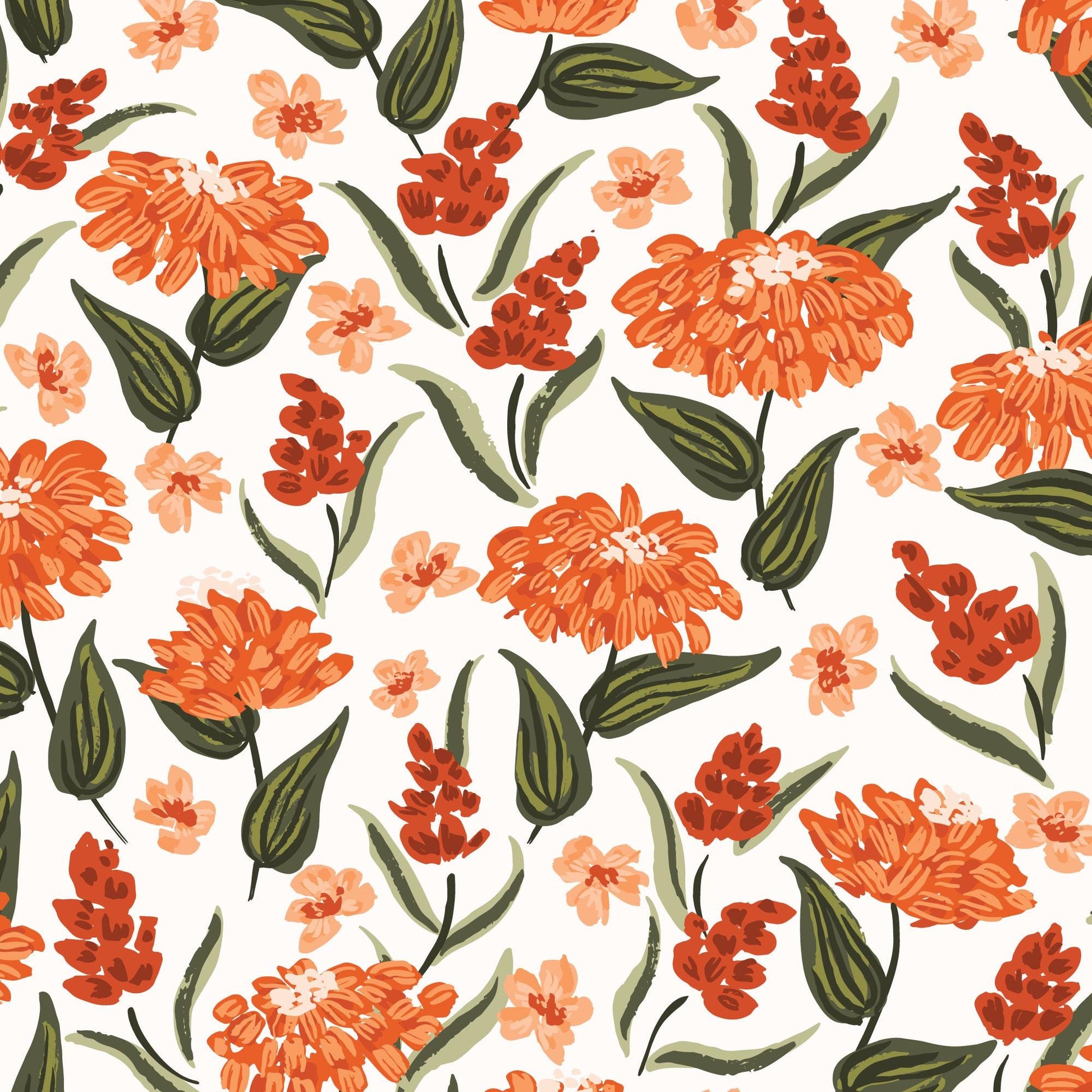 Crimson and Evergreen 5" Fabric Squares, Cloud9 Fabrics 600477, 5" Precut Red Orange Green White Black Floral Quilt Fabric Squares