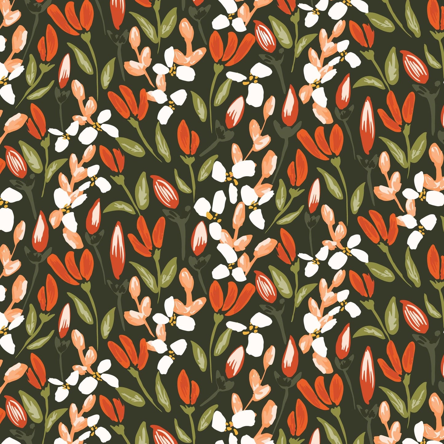 Crimson and Evergreen 5" Fabric Squares, Cloud9 Fabrics 600477, 5" Precut Red Orange Green White Black Floral Quilt Fabric Squares