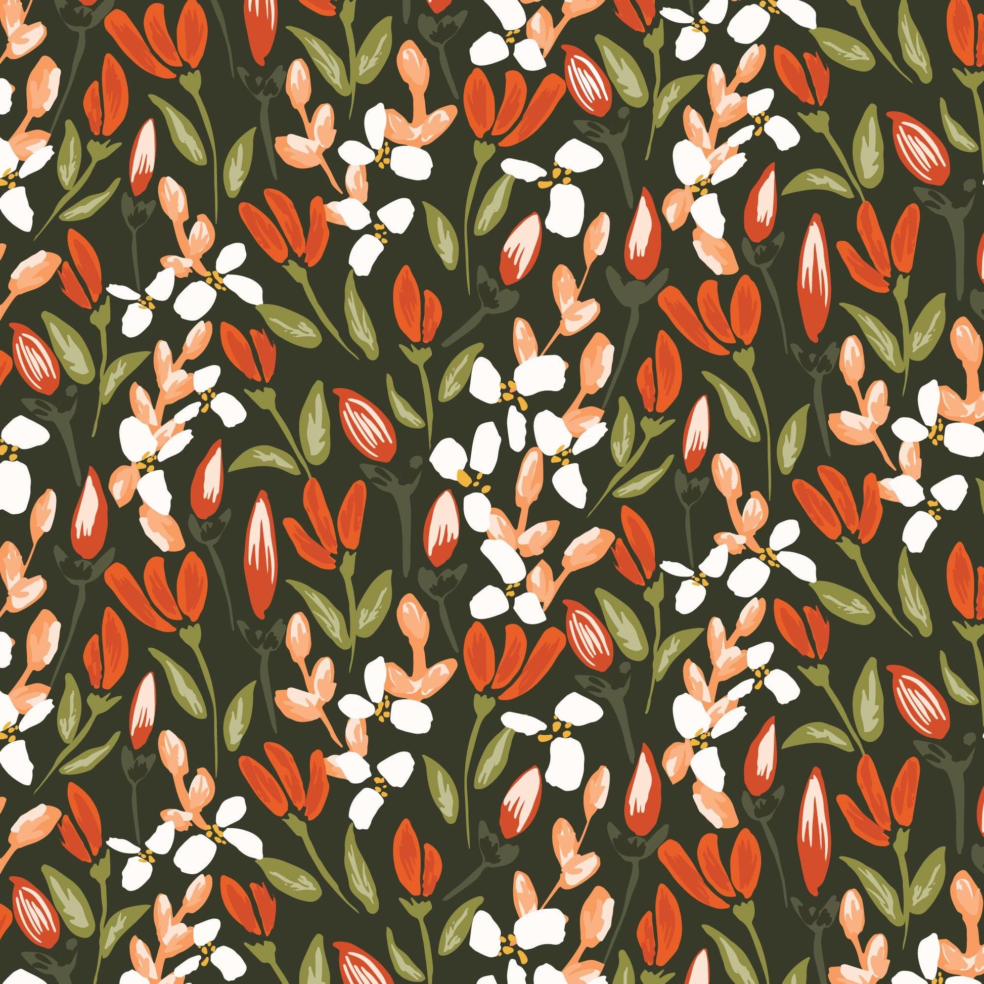 Crimson and Evergreen 5" Fabric Squares, Cloud9 Fabrics 600477, 5" Precut Red Orange Green White Black Floral Quilt Fabric Squares