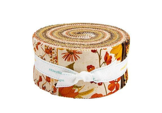 Bountiful Rolie Polie, Riley Blake RP-17860-40, 2.5" Precut Brown Gold Orange Green Autumn Fall Floral Fabric Strips, Sandy Gervais