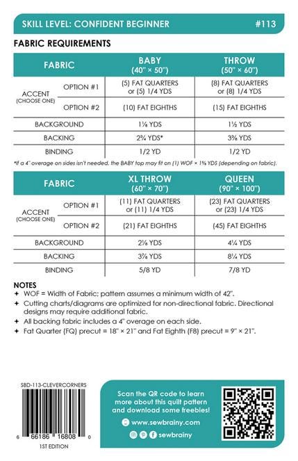 Clever Corners Quilt Pattern, Sew Brainy Designs SBD-113, Fat Quarter Eighths Friendly Modern Baby Throw Quilt Pattern