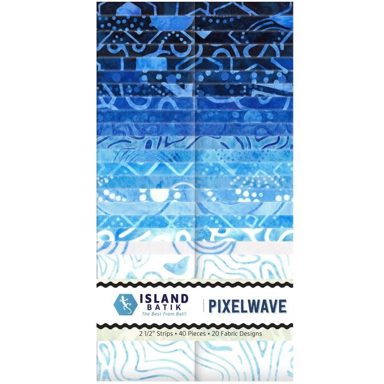 Pixelwave 2.5" Strip Pack, Island Batik, 2.5" Precut Blue White Geometric Batik Jelly Roll Fabric Strips