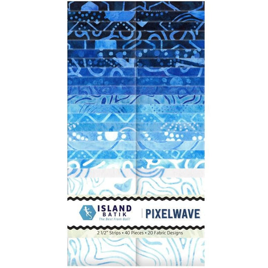 Pixelwave 2.5" Strip Pack, Island Batik, 2.5" Precut Blue White Geometric Batik Jelly Roll Fabric Strips