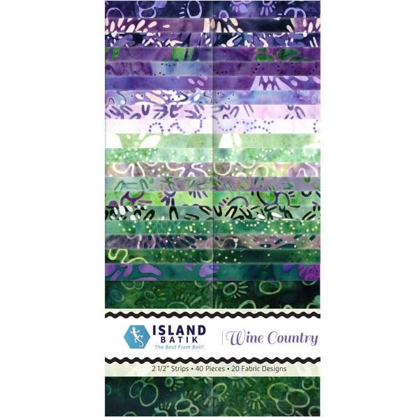 Wine Country 2.5" Strip Pack, Island Batik, 2.5" Precut Purple Green Batik Jelly Roll Fabric Strips