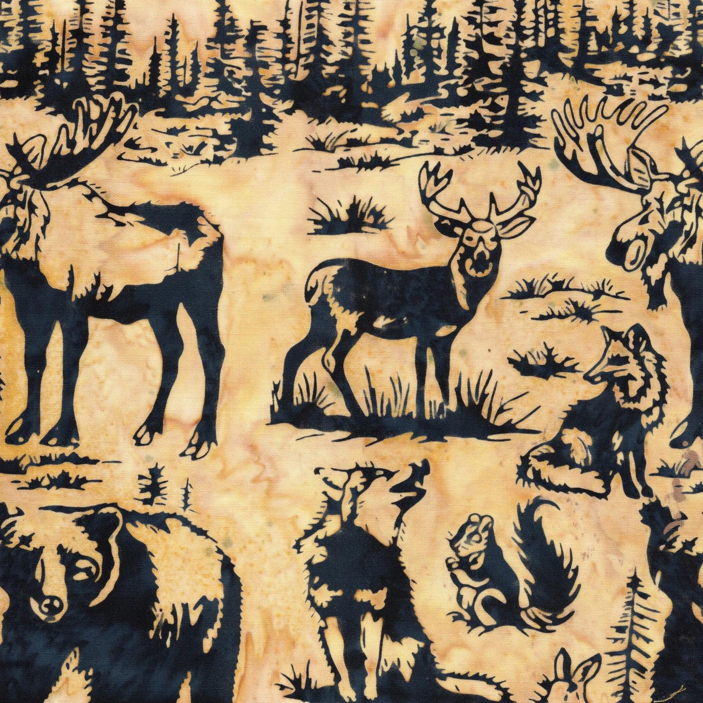 Fur and Forest 5" Stamp, Island Batik, 5" Precut Black Brown Tan Green Deer Bear Moose Masculine Batik Fabric Charm Pack Quilt Squares