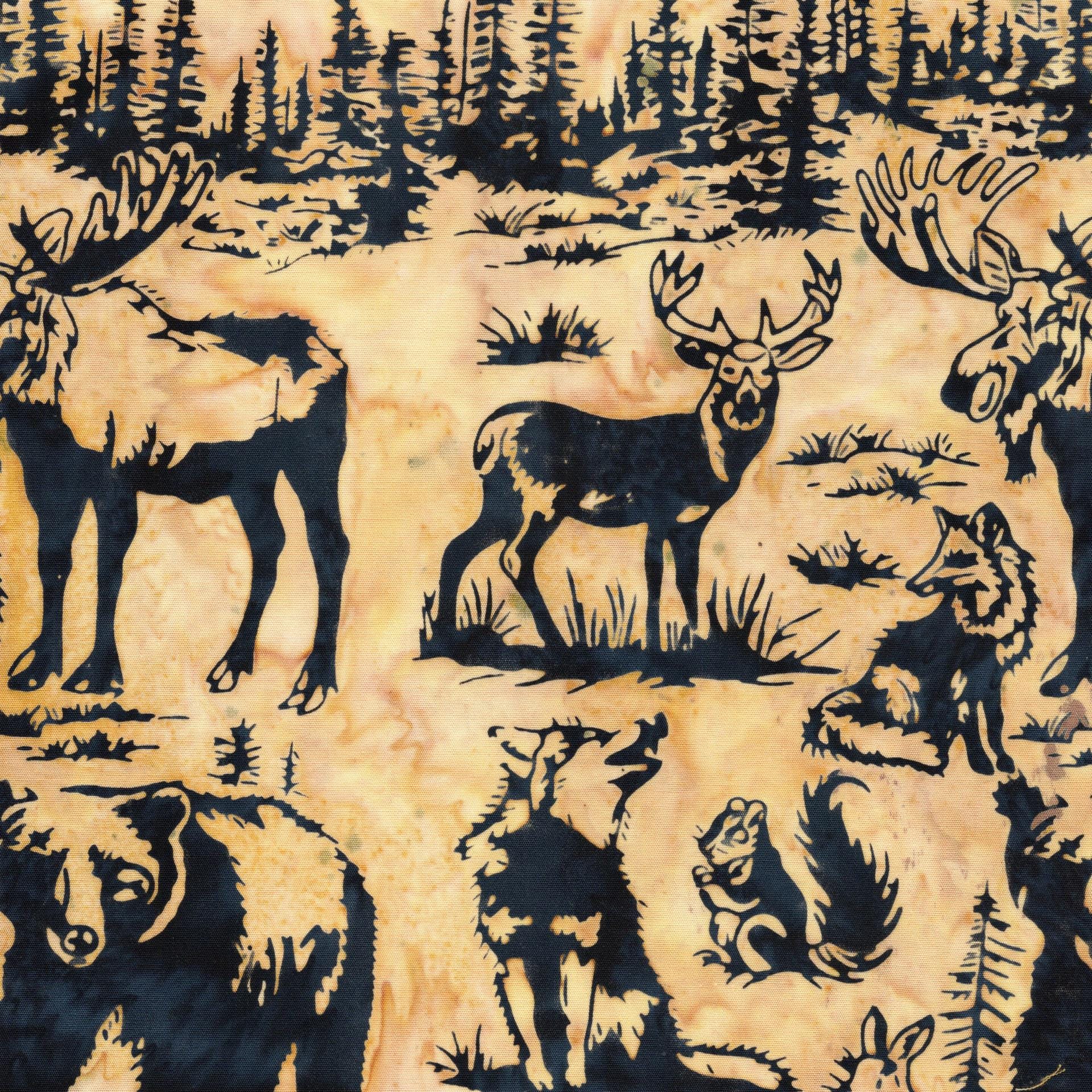 Fur and Forest 5" Stamp, Island Batik, 5" Precut Black Brown Tan Green Deer Bear Moose Masculine Batik Fabric Charm Pack Quilt Squares