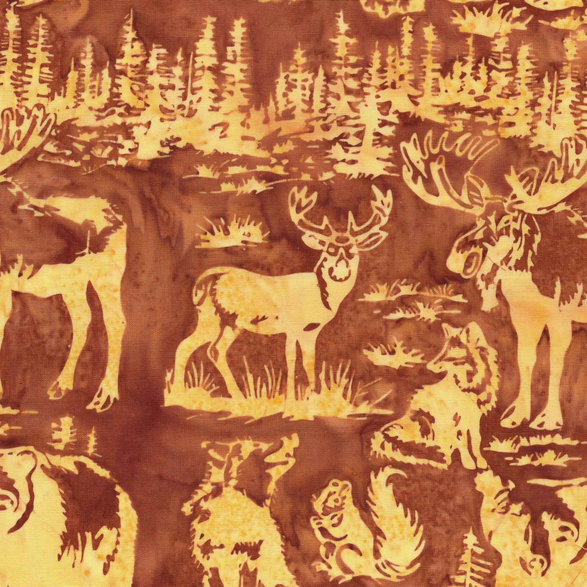 Fur and Forest 5" Stamp, Island Batik, 5" Precut Black Brown Tan Green Deer Bear Moose Masculine Batik Fabric Charm Pack Quilt Squares