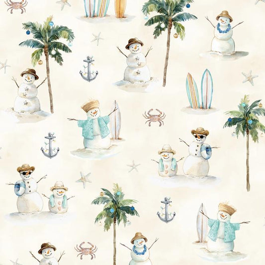Seas and Greetings - Tropical Christmas Palm Trees Surfboards Sandmen Fabric, Hoffman Y5811-62 Sand, Beach Coastal Xmas Fabric