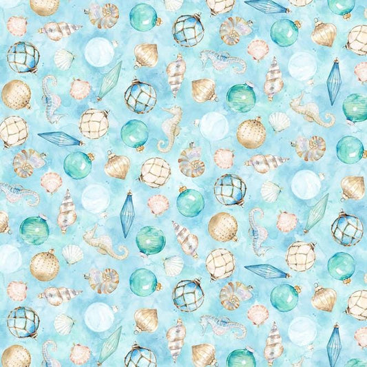 Seas and Greetings - Tropical Christmas Ornaments Seahorses Shells on Blue Fabric, Hoffman Y5813-73 Ocean, Beach Coastal Xmas Fabric