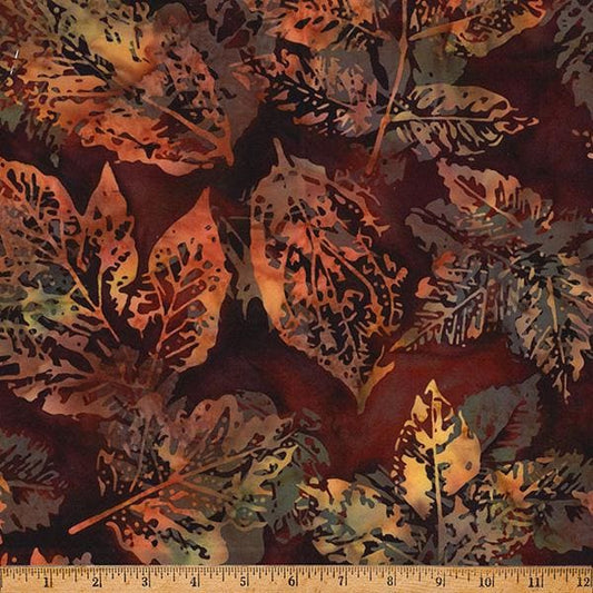 Cinnamon Spice - Brown Rust Leaves Batik Fabric, Hoffman X2650-428-Mulberry, Brown Tan Rust Autumn Fall Leaves Batik Fabric, By the Yard