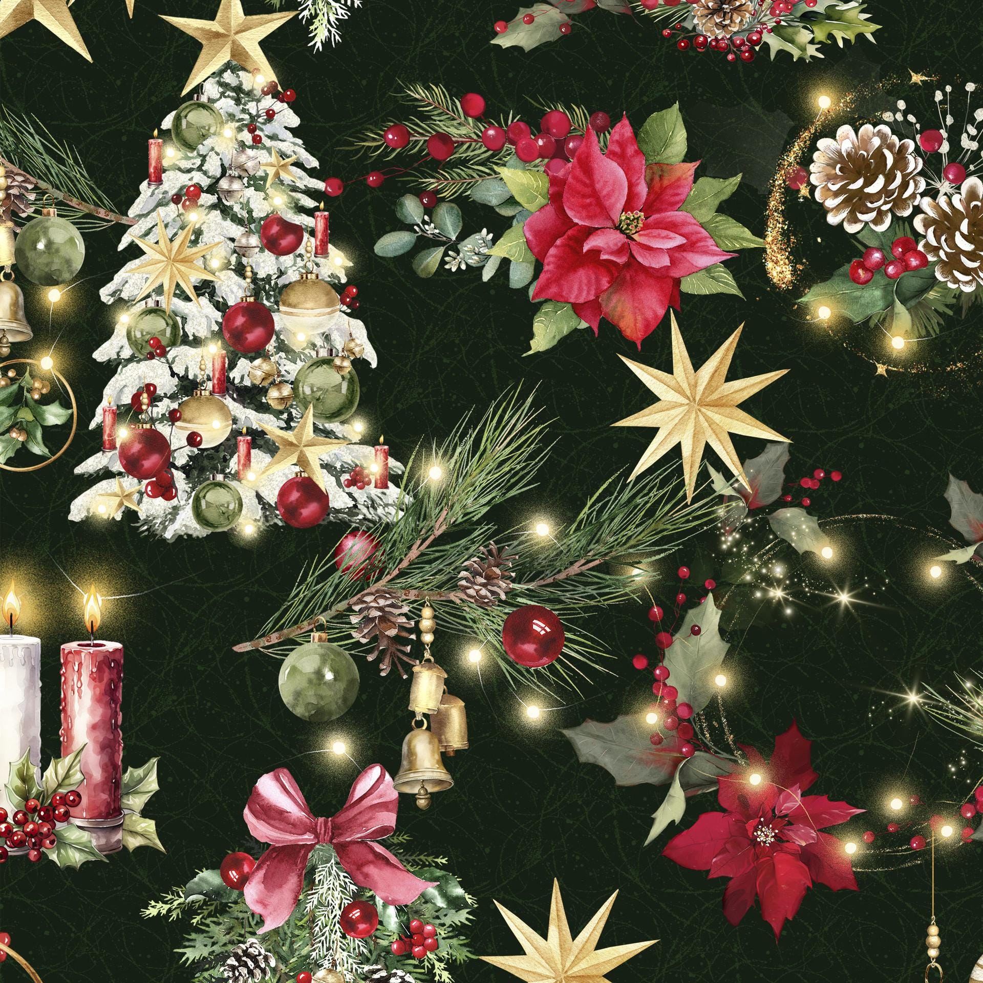 Merry and Bright 10" Squares, White Owl Fabrics MERRYANDBRIGHT-10, 10" Precut Traditional Christmas Xmas Floral Quilt Fabric Squares