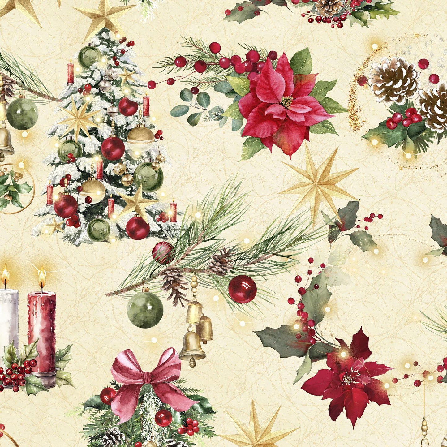 Merry and Bright 10" Squares, White Owl Fabrics MERRYANDBRIGHT-10, 10" Precut Traditional Christmas Xmas Floral Quilt Fabric Squares