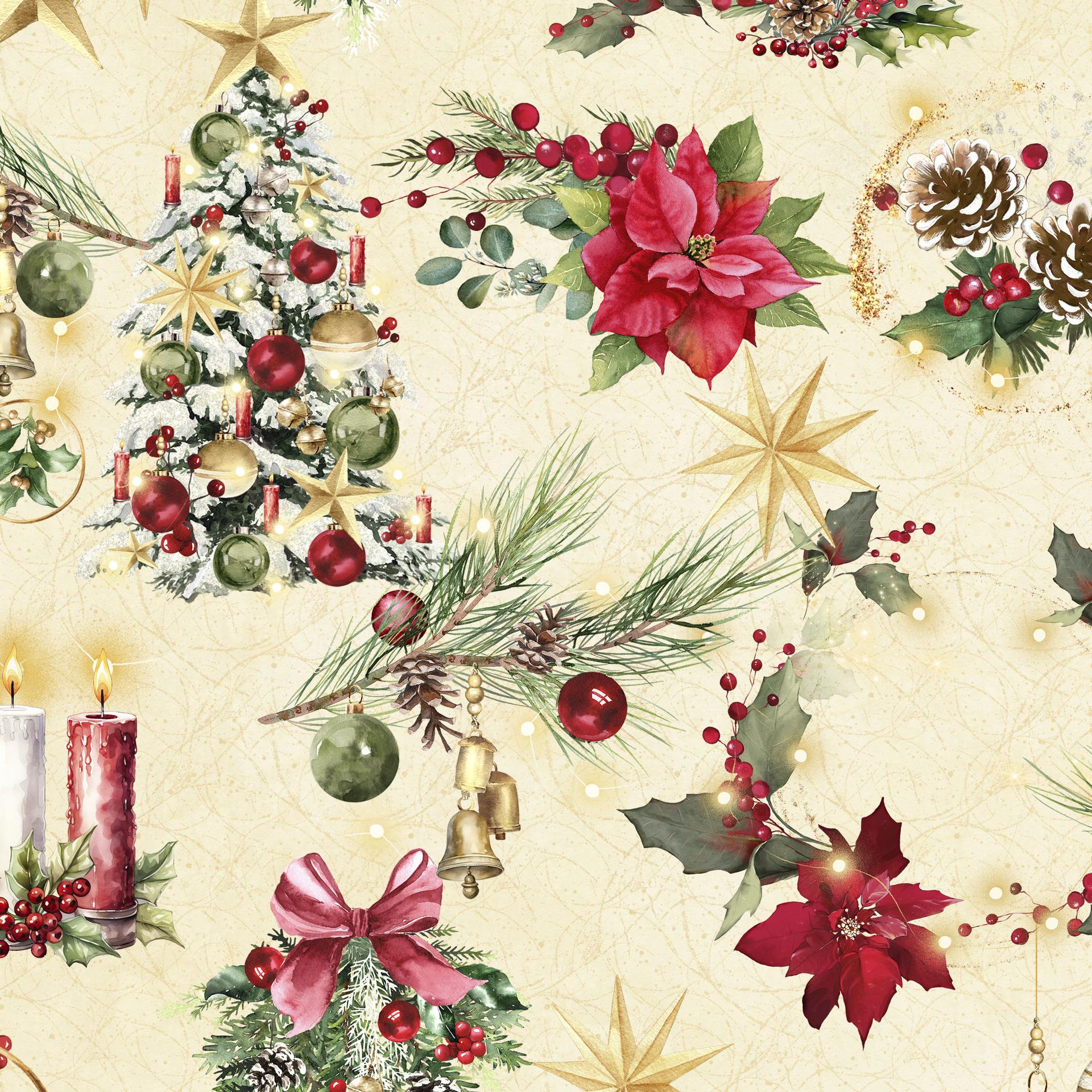 Merry and Bright 10" Squares, White Owl Fabrics MERRYANDBRIGHT-10, 10" Precut Traditional Christmas Xmas Floral Quilt Fabric Squares
