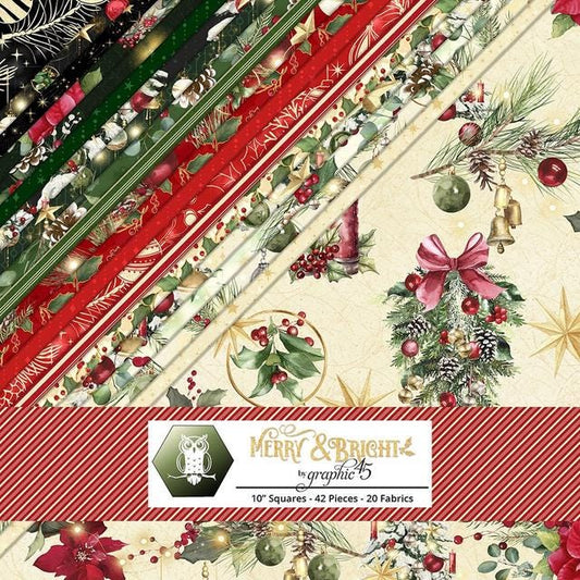 Merry and Bright 10" Squares, White Owl Fabrics MERRYANDBRIGHT-10, 10" Precut Traditional Christmas Xmas Floral Quilt Fabric Squares