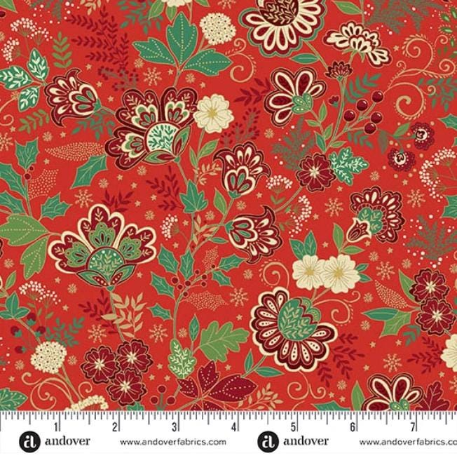 Adorn 2.5" Jelly Roll, Andover 25-ADOR-40, 2.5" Precut Gold Metallic Traditional Christmas Xmas Jelly Roll Fabric Strips, Makower UK