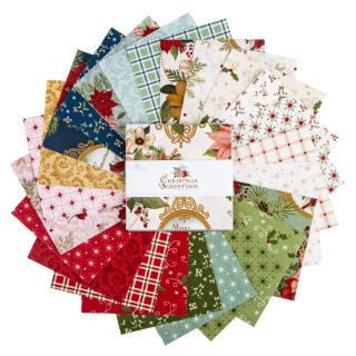 Christmas Greetings 5" Stacker, Riley Blake 5-17660-42, 5" Precut Christmas Xmas Fabric Squares, Christmas Charm Pack, Sandy Gervais