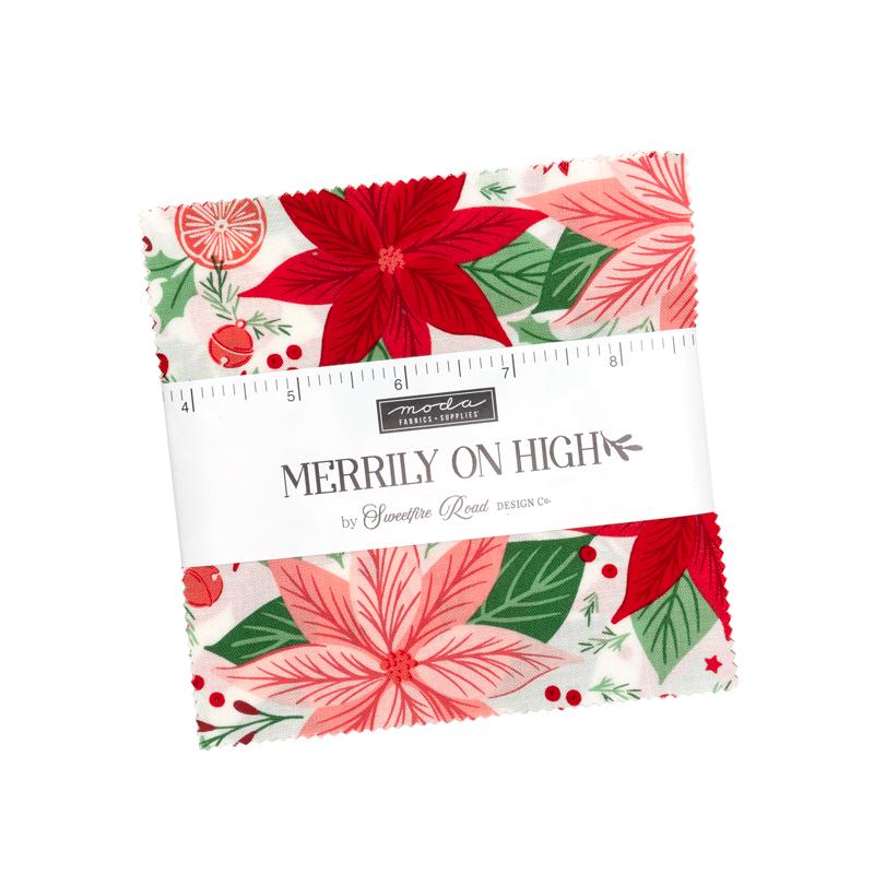 Merrily on High 5" Charm Pack, Moda 43210PP, 5" Precut Red Green Pink Christmas Xmas Charm Pack Fabric Squares, Sweetfire Road