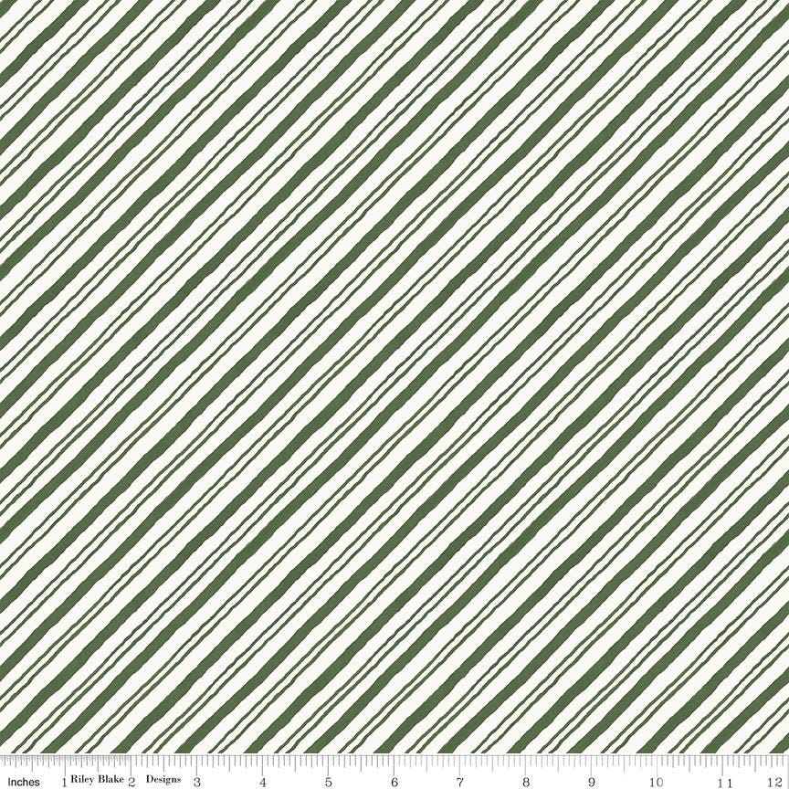 Holiday Spirit - Green White Striped Christmas Fabric, Riley Blake C17465-Green, Bias Stripe Christmas Xmas Fabric, Lisa Audit, By the Yard