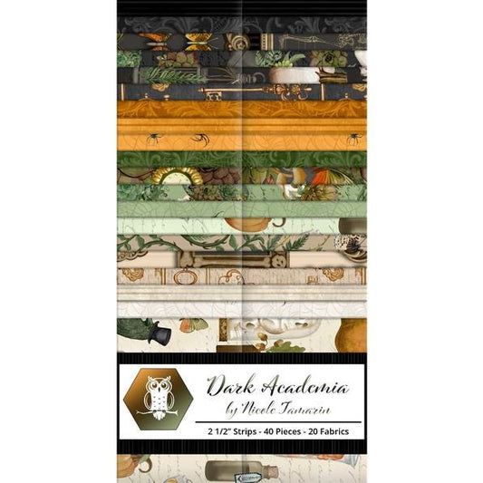 Dark Academia 2.5" Strip Pack, White Owl Fabrics, 2.5" Precut Halloween Skulls Pumpkins Crows Ravens Fabric Strips, Nicole Tamarin