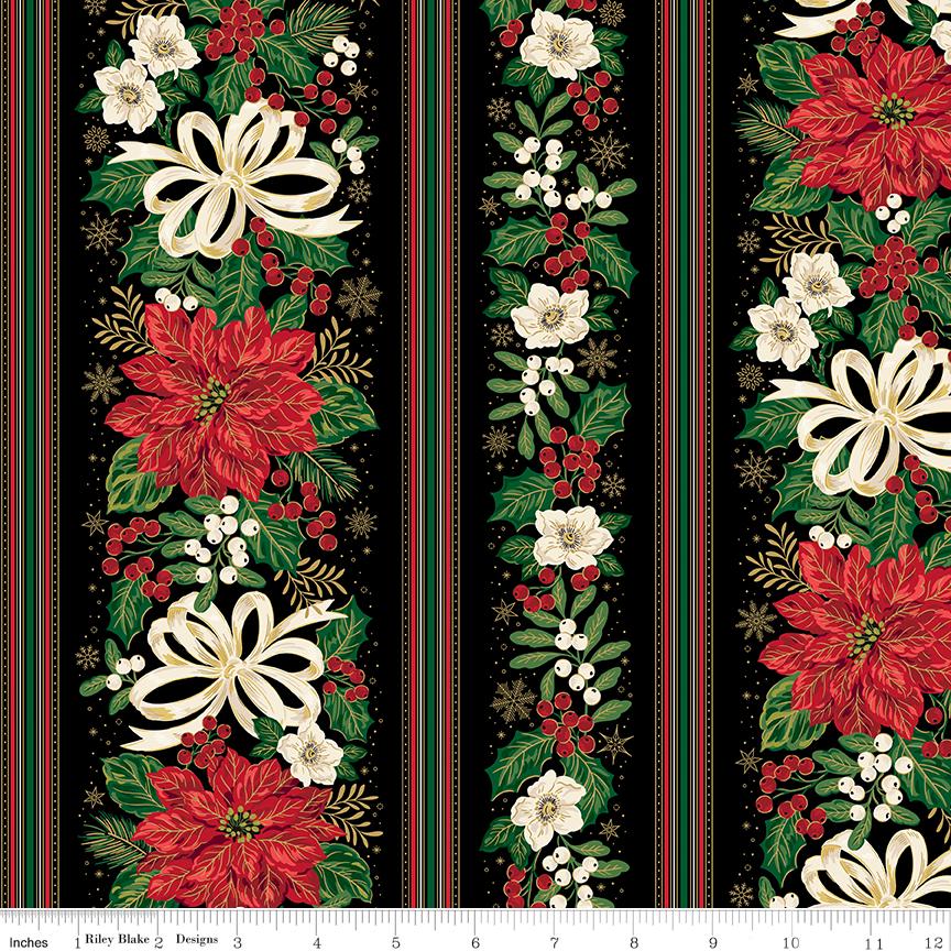 Poinsettias at Christmas - Poinsettia Border Stripe on Black Fabric, Riley Blake CF17637-Black, Gold Metallic Christmas Fabric, Bosworth