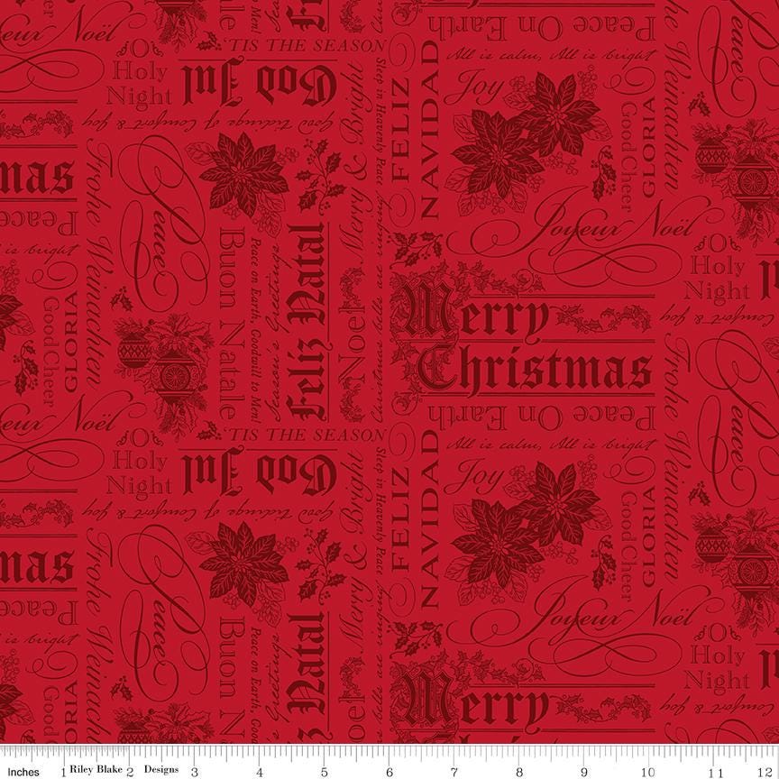 Poinsettias at Christmas - Red Tonal Text Blender Fabric, Riley Blake CF17632-Red, Christmas Cotton Blender Fabric, Bosworth