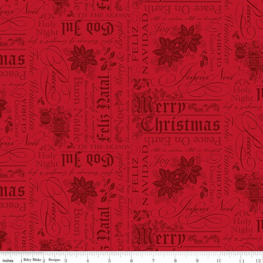 Poinsettias at Christmas - Red Tonal Text Blender Fabric, Riley Blake CF17632-Red, Christmas Cotton Blender Fabric, Bosworth