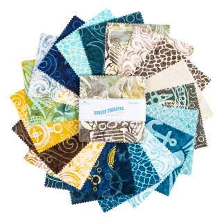 Expressions Batiks Sunken Treasure 5" Stacker, Riley Blake 5-23717-42, 5" Precut Teal Brown Yellow Coastal Batik Fabric Squares