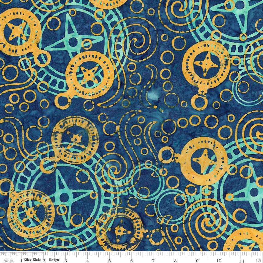 Expressions Batiks Sunken Treasure 5" Stacker, Riley Blake 5-23717-42, 5" Precut Teal Brown Yellow Coastal Batik Fabric Squares