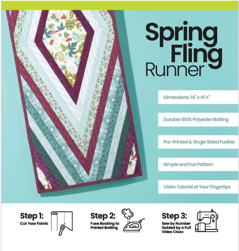 Spring Fling Runner Quilt as You Go QAYG Fusible Batting Kit, GE Designs GE612, F8 Fat Eighths Friendly Easy Table Runner Quilt Pattern