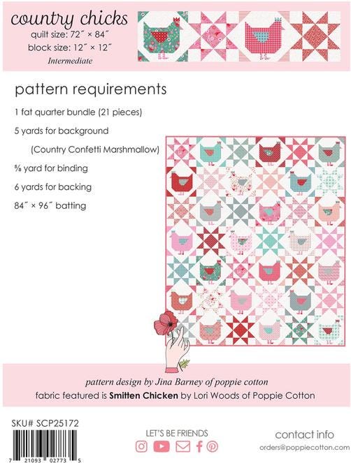 Country Chicks Quilt Pattern, Poppie Cotton SCP25172, Fat Quarter FQ Friendly Stars Chickens Throw Quilt Pattern, Jina Barney