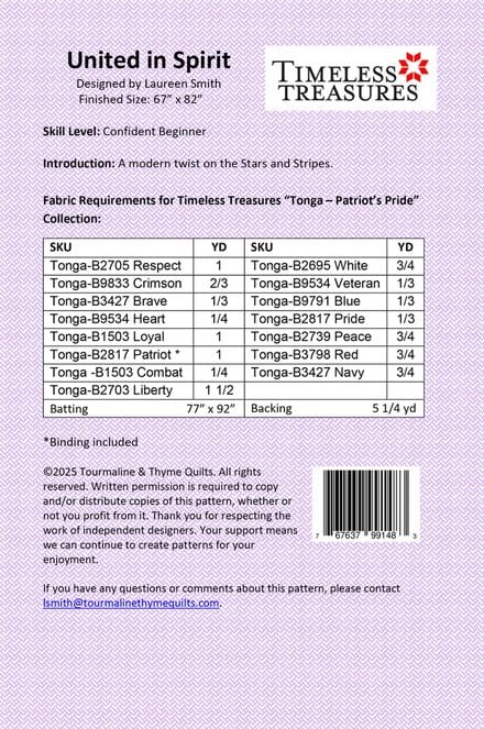 United in Spirit Quilt Pattern, Tourmaline and Thyme TTQ588, Yardage Friendly Stars Stripes Chains Quilt Pattern, Laureen Smith
