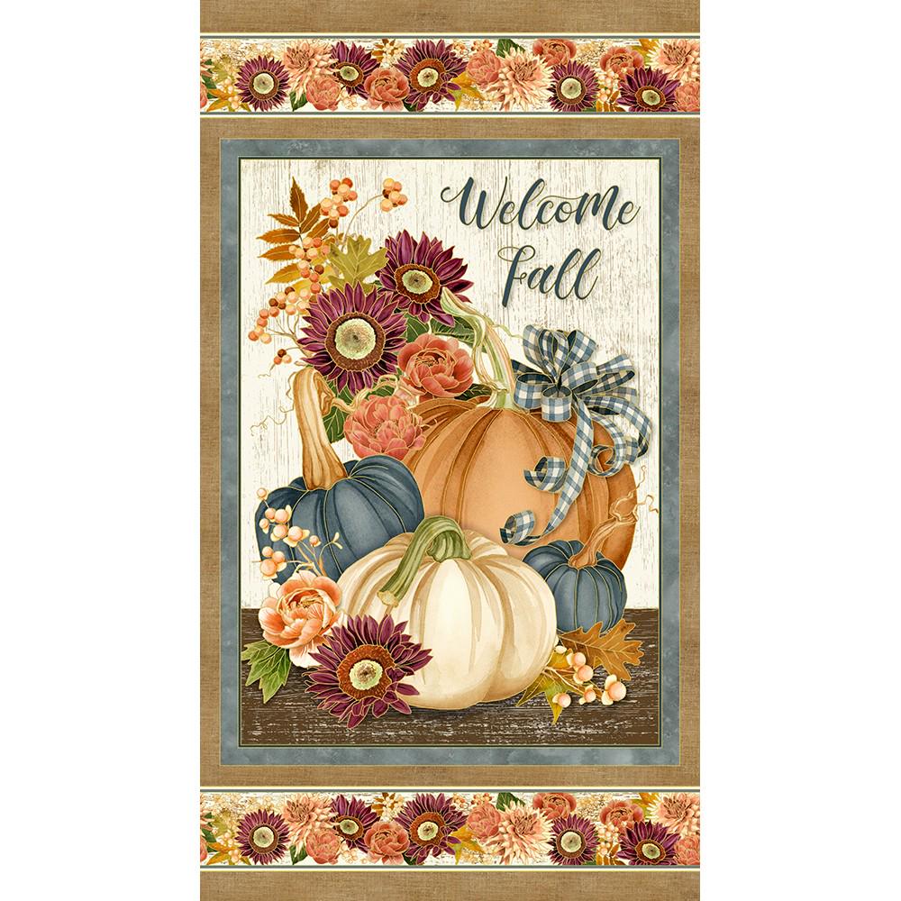 Hello Fall - Autumn Fall Pumpkins Mums 24" Fabric Panel, Kaufman AWHDM-23913-196 Harvest, Thanksgiving Fabric, Welcome Fall Panel